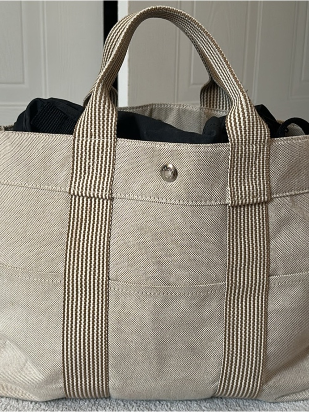 Neutral Canvas Tote Bag with Striped Webbing Handles
